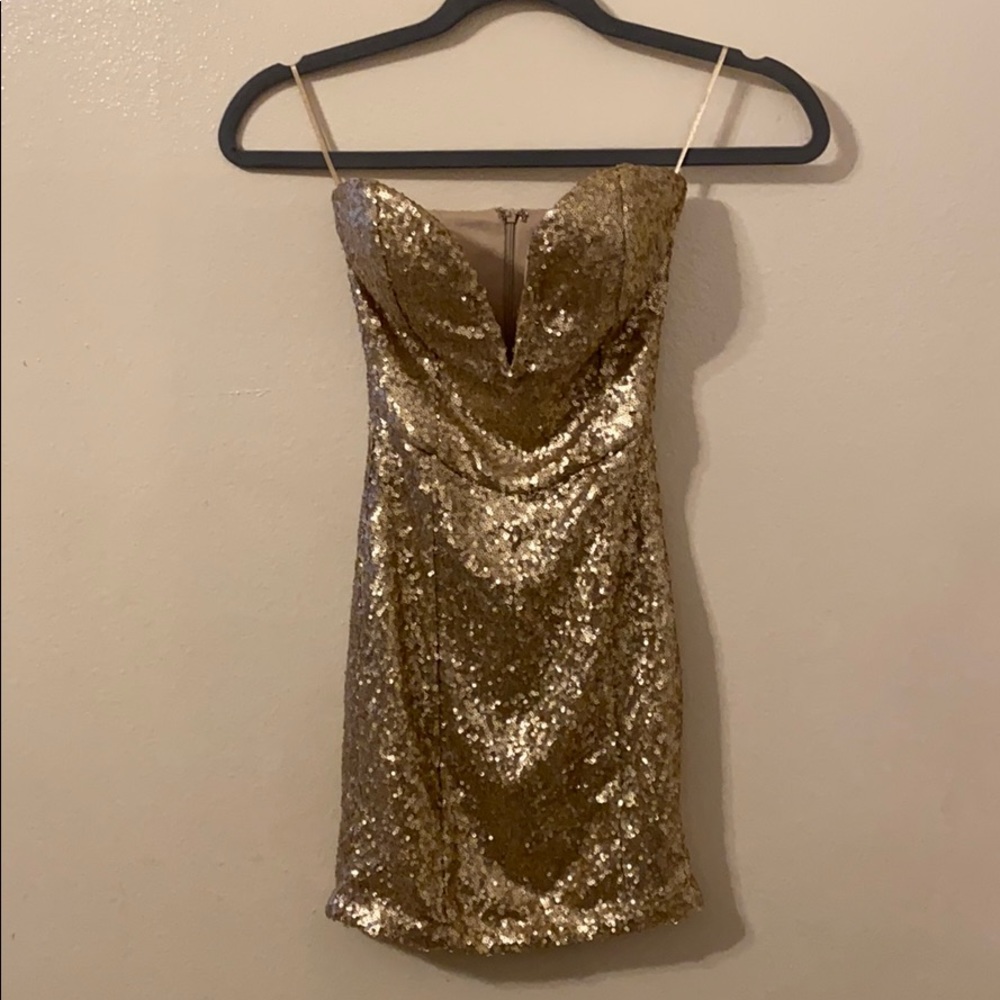 Gold Sequin Strapless Mini Dress